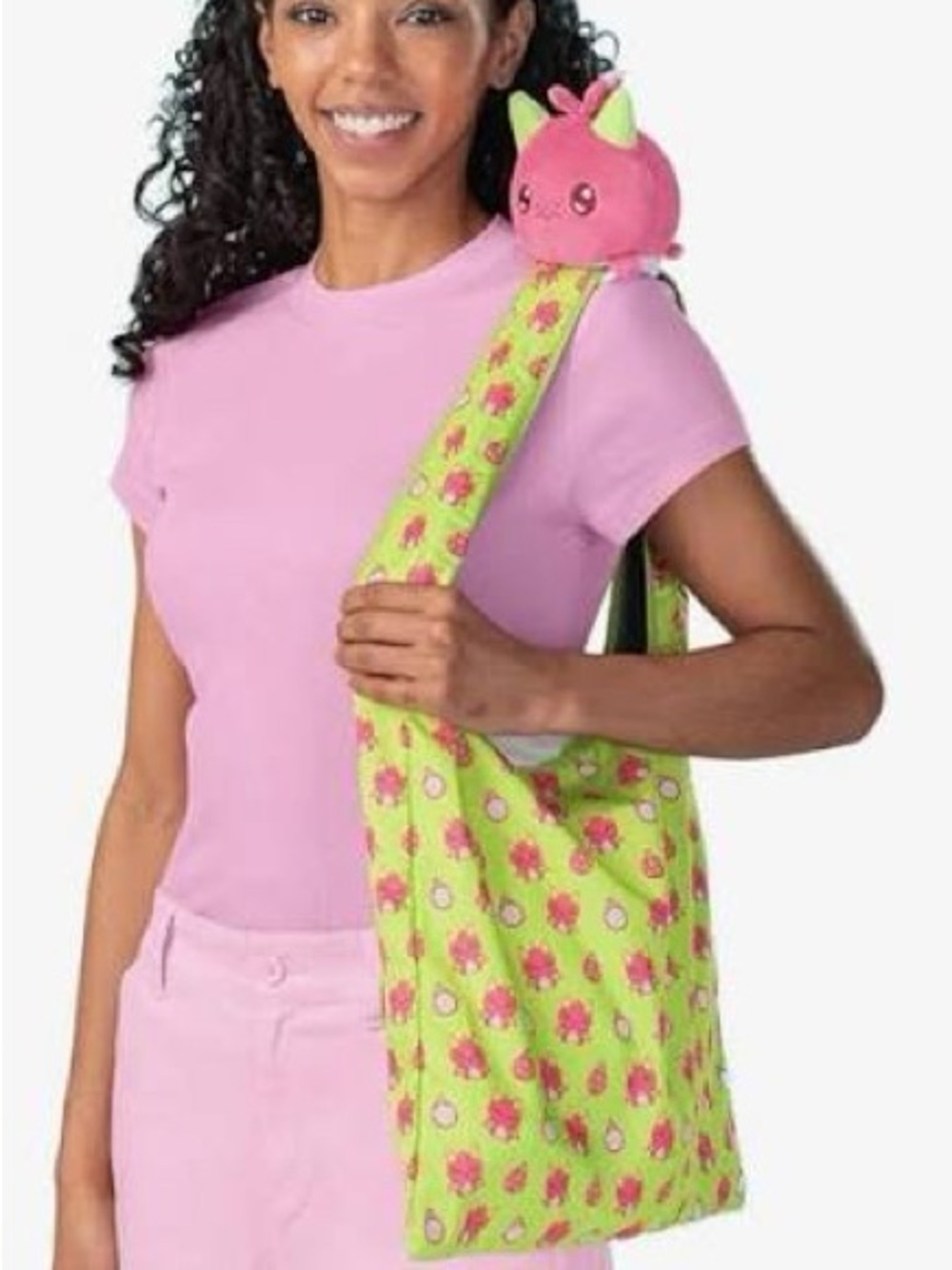 Plushie Dragon Fruit Lime Green Tote with Pink Floral Accents